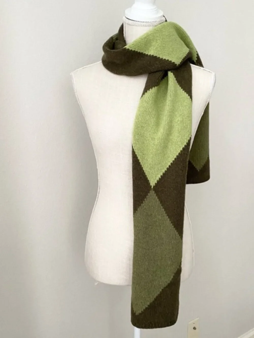 Olive Green Argyle Wool Blend Scarf Made in Italy Preppy Academia Winter Wrap